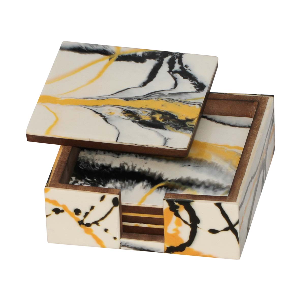 Buy in Bulk Wholesale Wooden Coaster Set of 4 with Holder Handmade 4.5" Square in Abstract Design