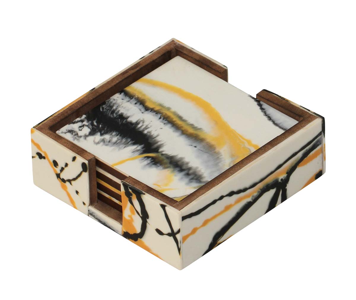 Buy in Bulk Wholesale Wooden Coaster Set of 4 with Holder Handmade 4.5" Square in Abstract Design