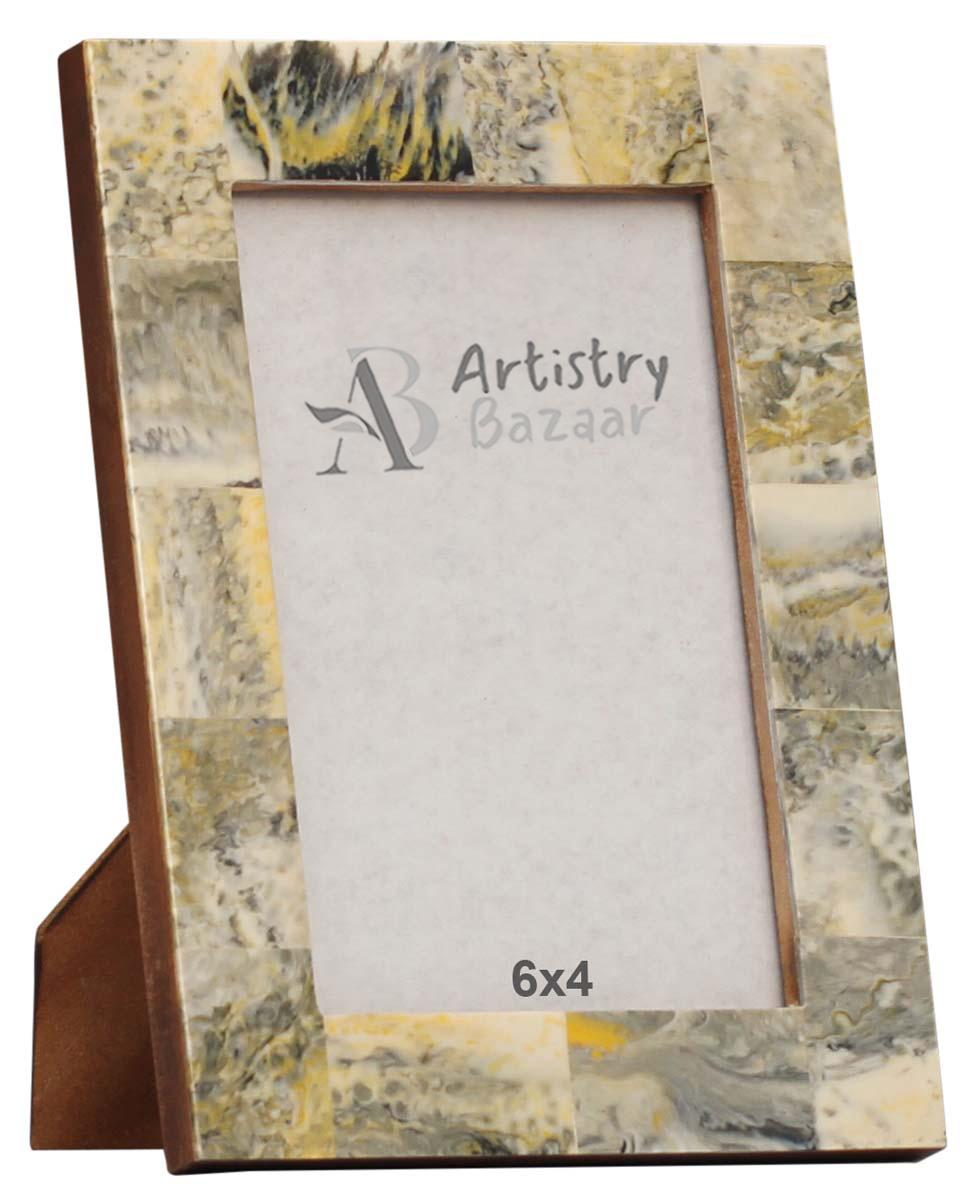 Rectangular 4x6 Photo/Picture Frame in Bulk - Wholesale Handmade Table Photo Frame/Picture Holder with Grey & Yellow Abstract Pattern - Home Decor Picture Frame from India