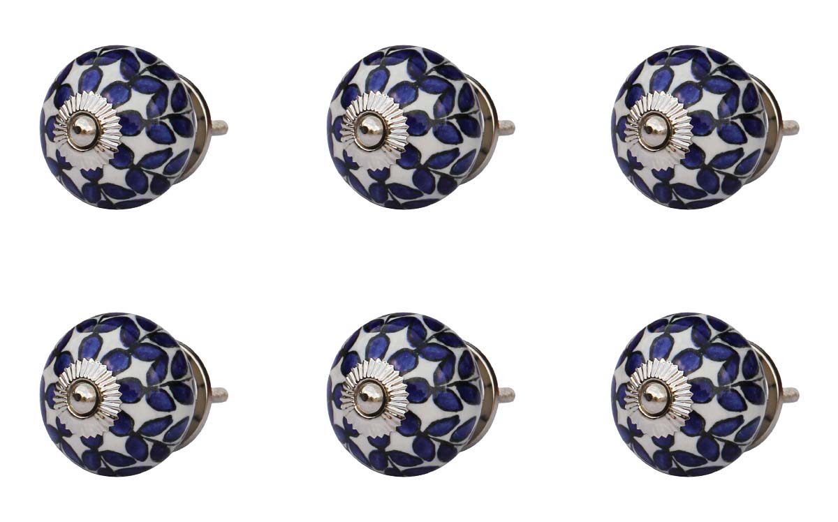 Blue Ferns Set of 6 –Handmade Ceramic Knobs / Pulls  with Blue Leafy Pattern on White – Decorative Handles for Cabinets / Drawers / Doors / Dressers  - Buy in Bulk Wholesale