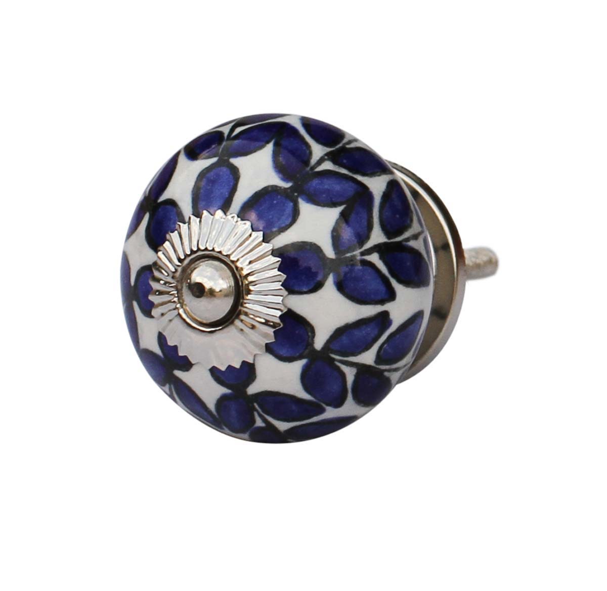 Blue Ferns Set of 6 –Handmade Ceramic Knobs / Pulls  with Blue Leafy Pattern on White – Decorative Handles for Cabinets / Drawers / Doors / Dressers  - Buy in Bulk Wholesale
