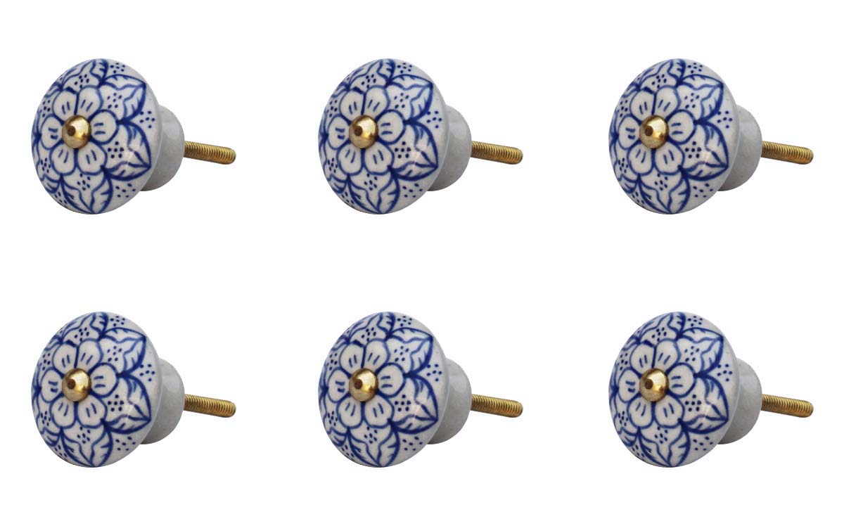 Blue Blossoms Set of 6 – Handmade Ceramic Knobs / Pulls  with Blue Floral Pattern on White – Decorative Handles for Cabinets / Drawers / Doors / Dressers  - Buy in Bulk Wholesale