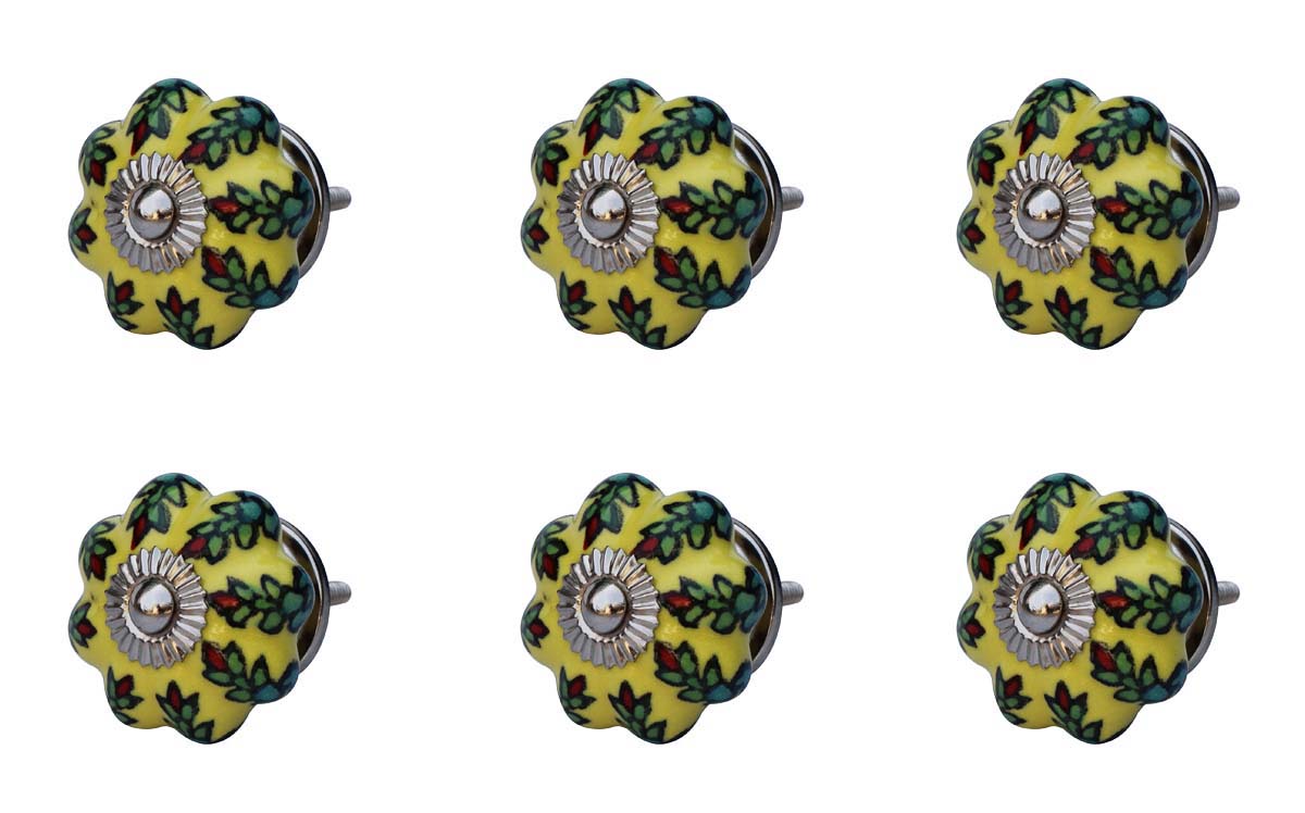 Ceramic Knobs Set of 6 – Colorful Pumpkin Shaped With Hand Painted Floral Motifs & Metal Detailing - Cabinets & Cupboard Hardware / Dresser Accessories