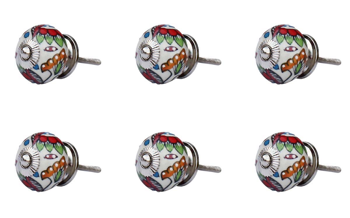 Buy in Bulk Wholesale Set of 6– Handmade Ceramic Knobs / Pulls  with Colorful Floral Design on White – Decorative Handles for Cabinets / Drawers / Doors / Dressers
