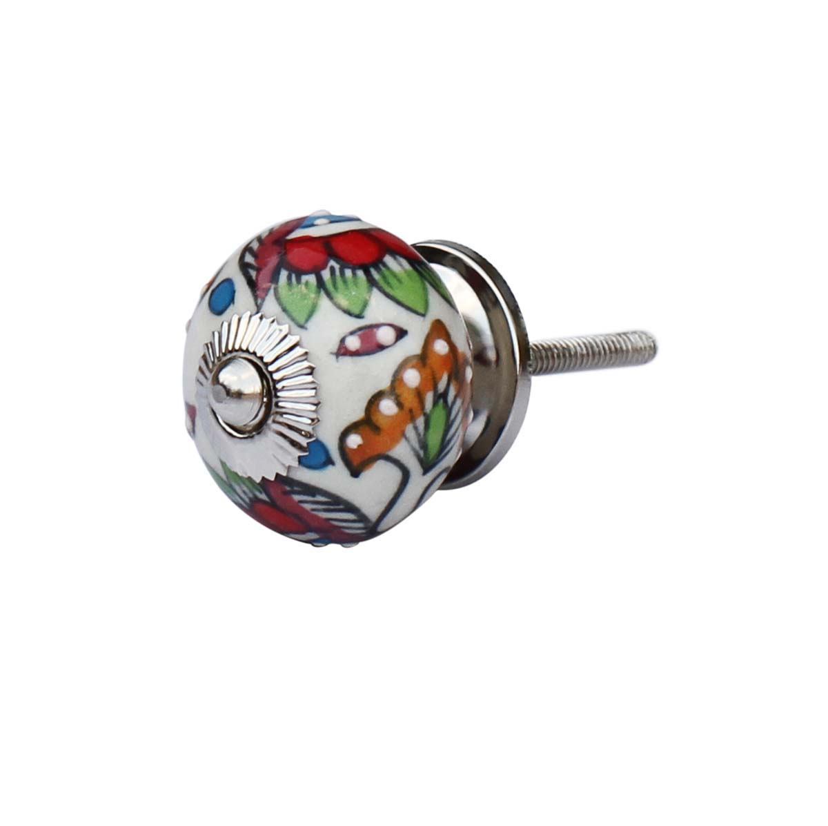 Buy in Bulk Wholesale Set of 6– Handmade Ceramic Knobs / Pulls  with Colorful Floral Design on White – Decorative Handles for Cabinets / Drawers / Doors / Dressers