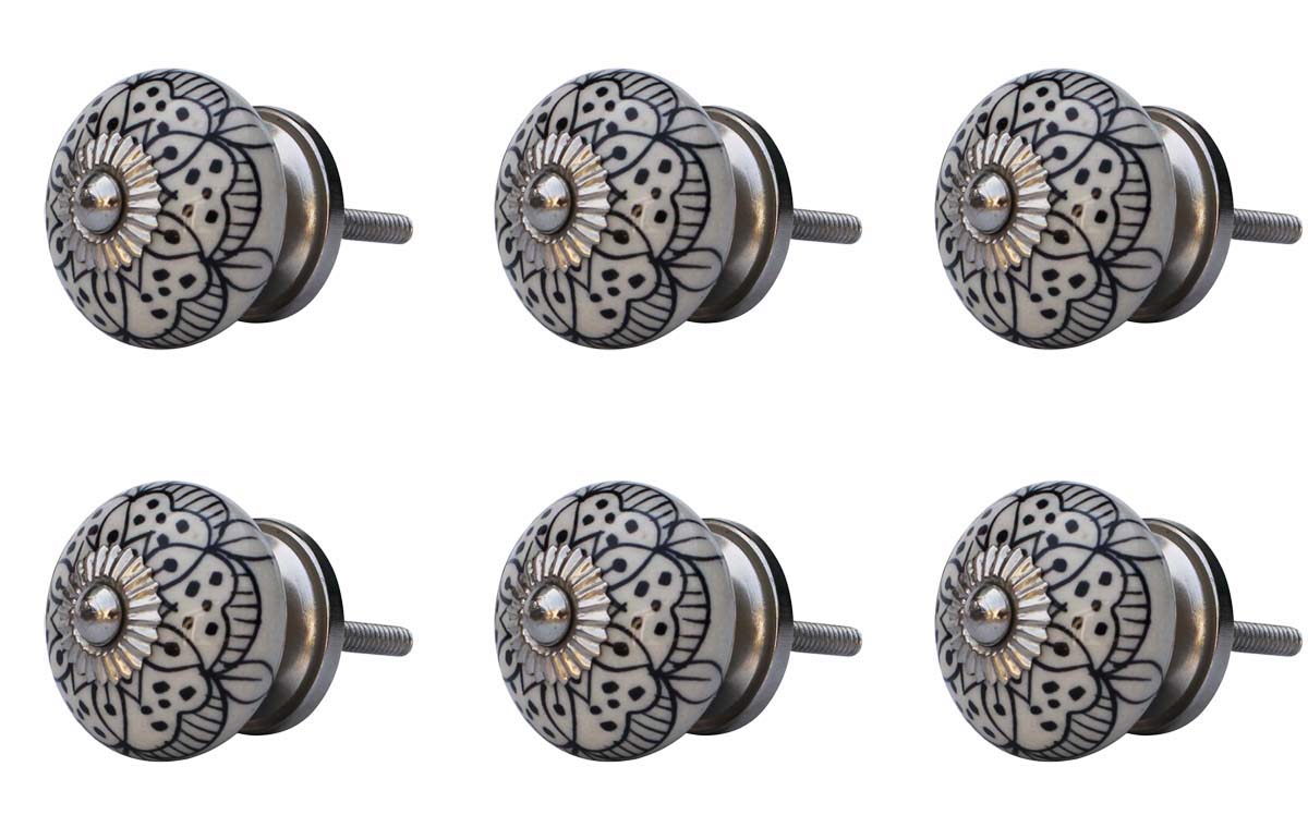 Monochrome Wonders Set of 6 – Handmade Ceramic Knobs / Pulls  with Black & White Design– Decorative Handles for Cabinets / Drawers / Doors / Dressers  - Buy in Bulk Wholesale