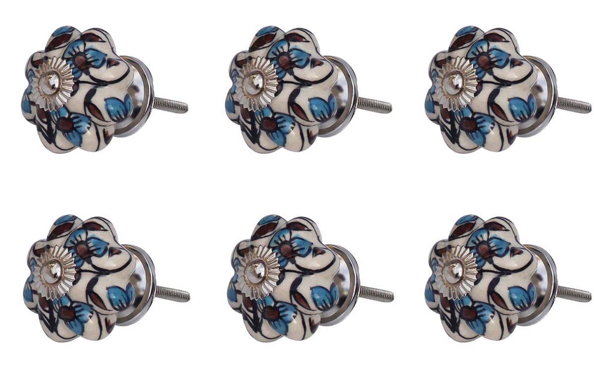 Colorful Elegance Set of 6 – Handmade Ceramic Knobs / Pulls  with Colorful Floral Design on White – Decorative Handles for Cabinets / Drawers / Doors / Dressers  - Buy in Bulk Wholesale