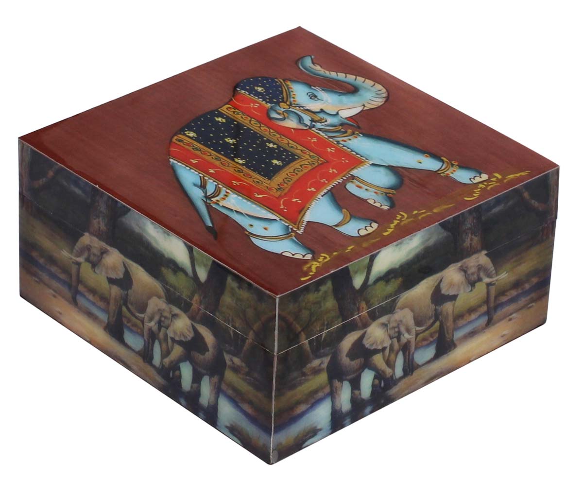 Bulk Buy Square 5x5” MDF Jewelry Box - Wholesale Multi-Colored Elephant Greeting Jewelry Box/Trinket Box in Resin & MDF from India
