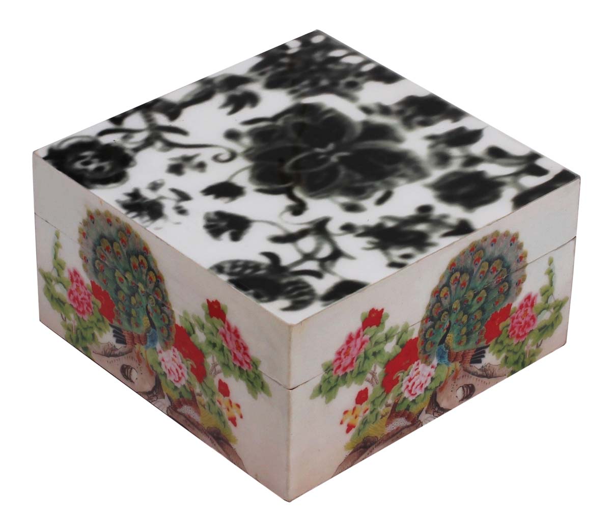 Wholesale 6.2” Square Jewelry Box in Bulk - Handmade Resin & MDF Jewelry Box/Trinket Box/Keepsake Box Decorated with Peacocks & Floral Motifs from India