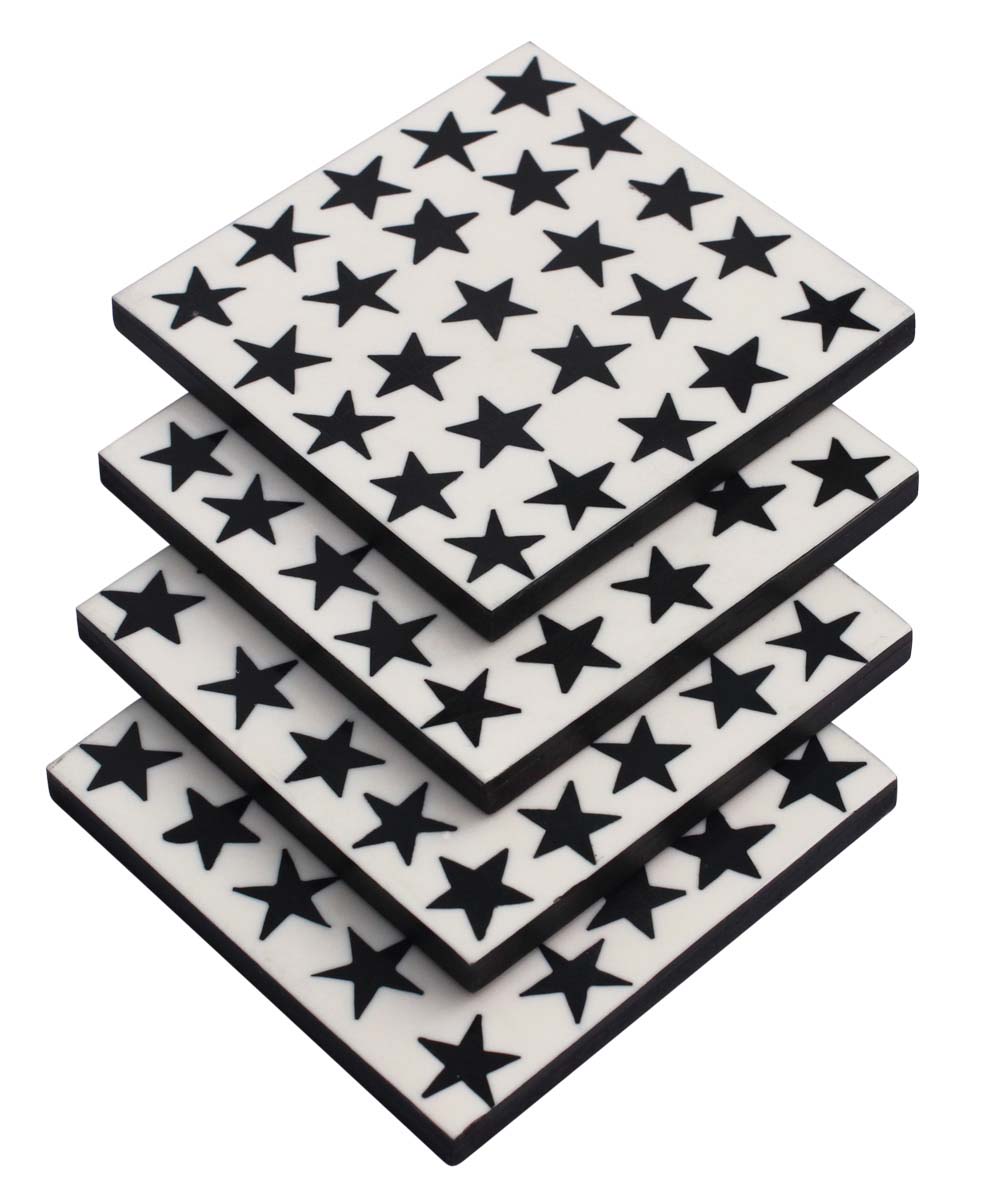 Buy in Bulk Wholesale Beverage Coasters Set Of 4 - Square with Star Pattern - Resin & MDF - Black & White - Bar/Dining Accessories