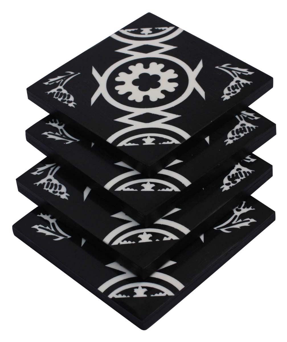 Buy in Bulk Wholesale Beverage Coasters Set of 4 - Square with Abstract Geometric & Floral Motif Pattern - Resin & MDF - Black & White - Bar/Dining Accessories