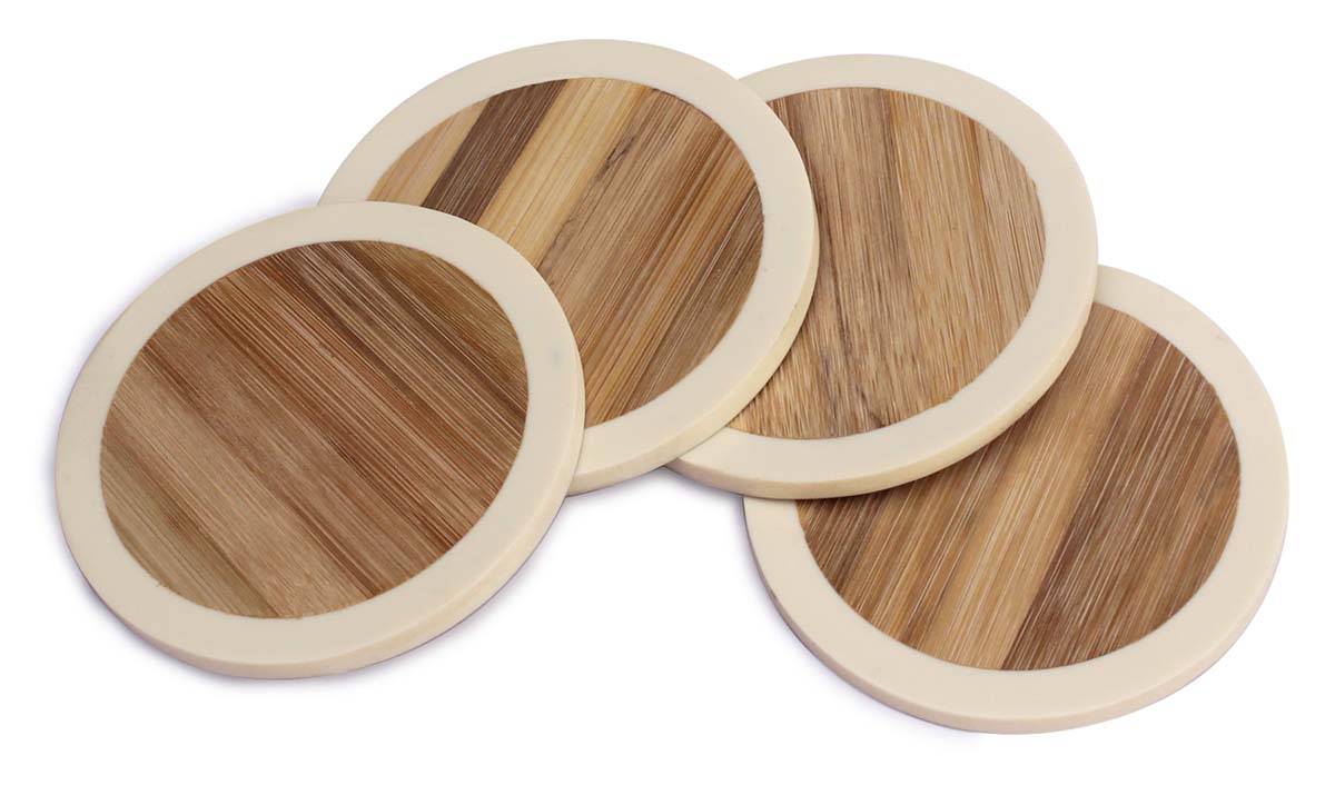 Buy in Bulk Wholesale Beverage Coasters Set of 4 - Bamboo Straw & Resin Round - Natural Brown & Off-White - Bar/Dining Accessories