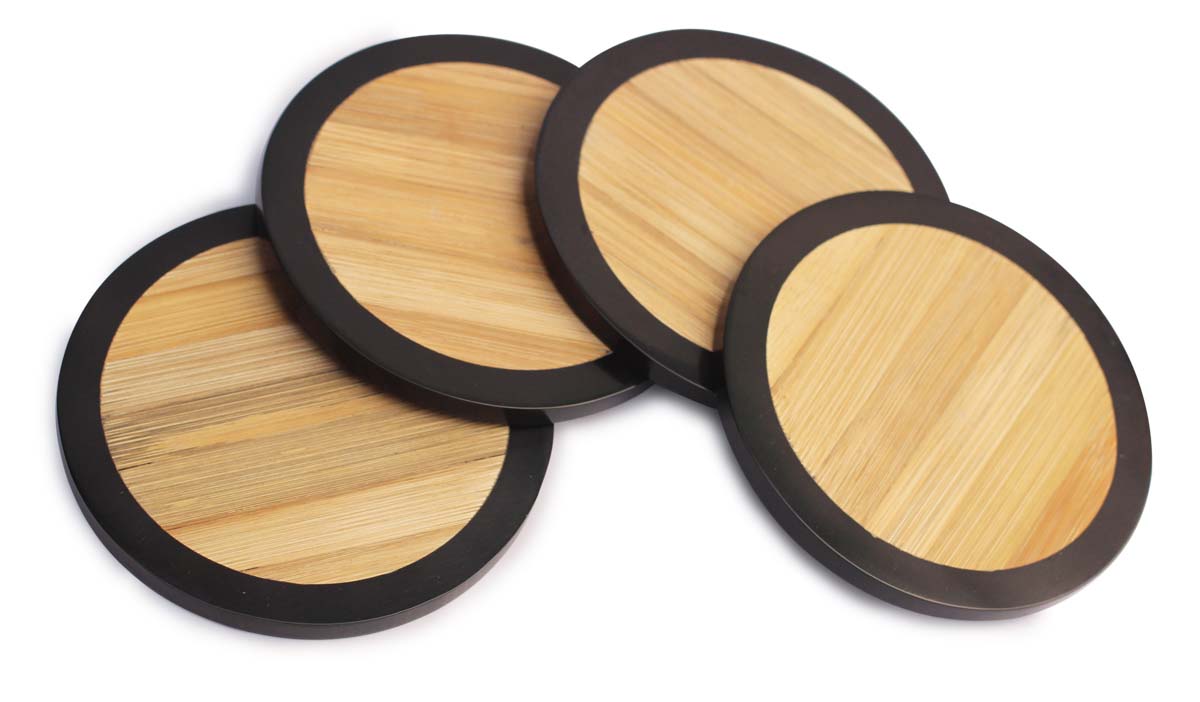Buy Bulk Wholesale Beverage Coasters Set of 4 - Bamboo Straw & Resin Round Natural Brown & Black - Bar/Dining Accessories