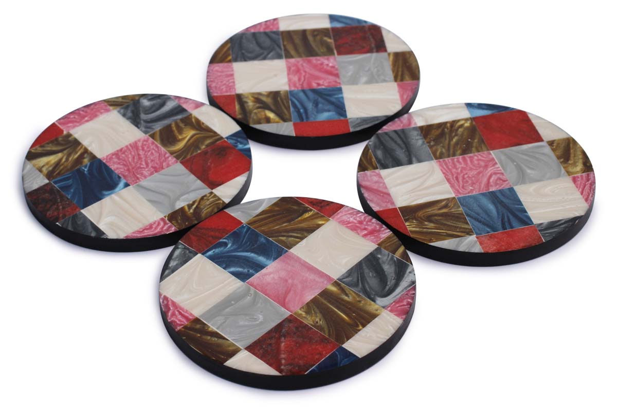 Buy in Bulk Wholesale Beverage Coasters Set of 4 Round Drink Coasters - Resin & MDF - Multi-Colored - Bar/Dining Accessories
