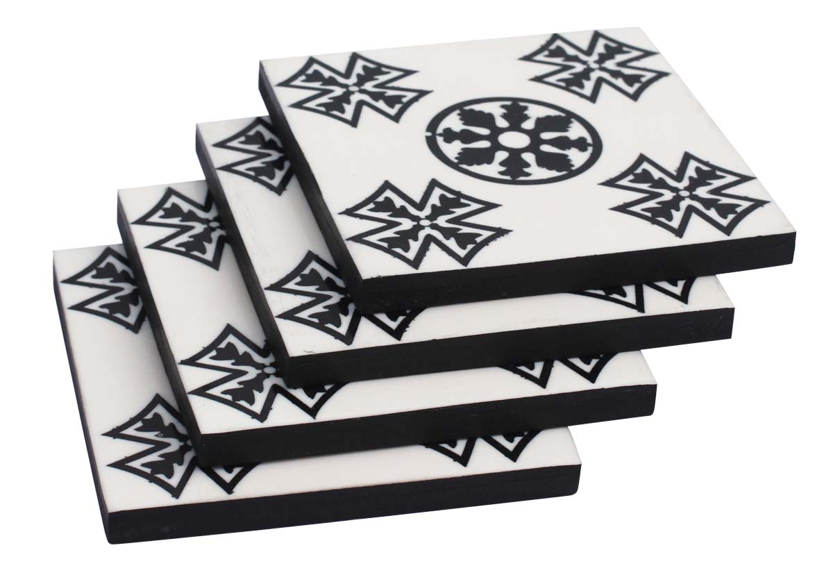 Buy in Bulk Wholesale Beverage Coasters Set of 4 - Square with Abstract Geometric & Floral Motif Pattern - Resin & MDF - Black & White - Bar/Dining Accessories