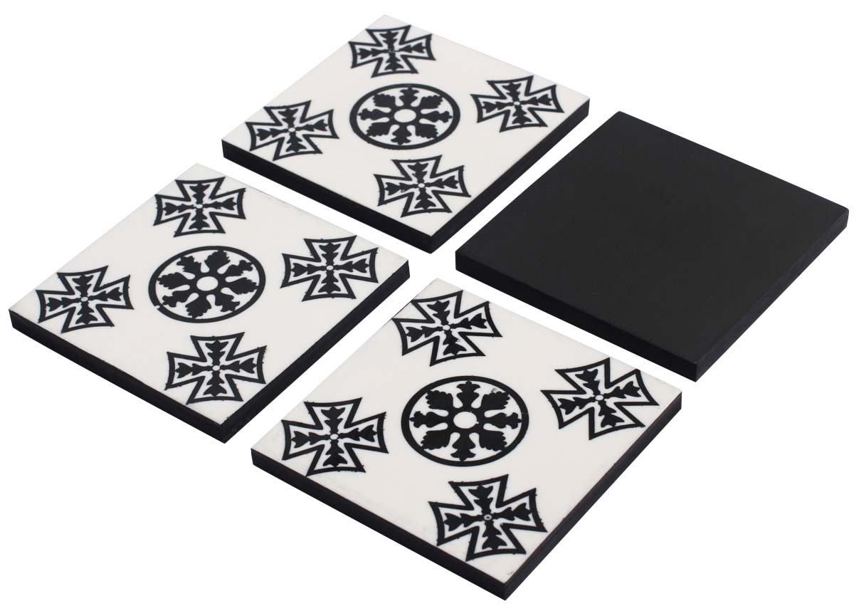 Buy in Bulk Wholesale Beverage Coasters Set of 4 - Square with Abstract Geometric & Floral Motif Pattern - Resin & MDF - Black & White - Bar/Dining Accessories