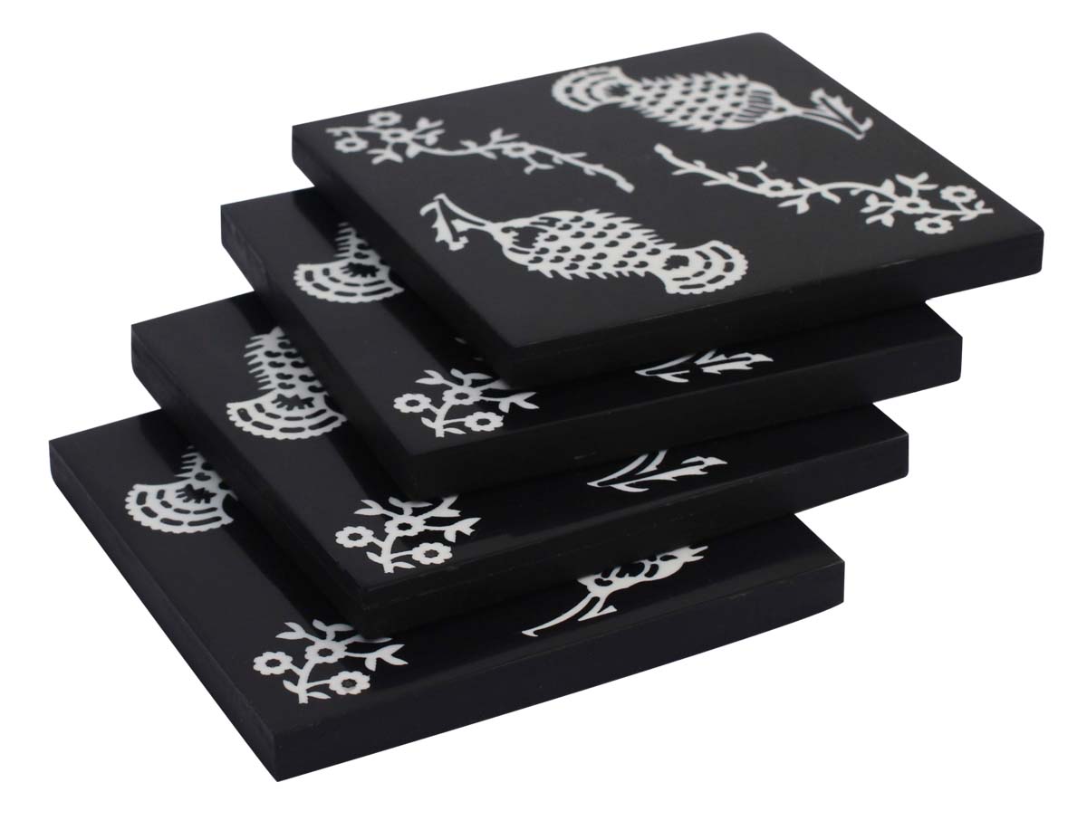 Buy in Bulk Wholesale Beverage Coasters Set of 4 - Square with Fruit & Floral Motif Pattern - Resin & MDF - Black & White - Bar/Dining Accessories