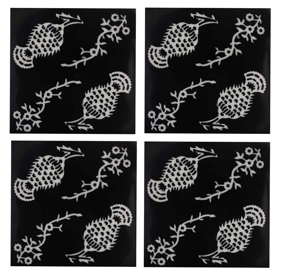 Buy in Bulk Wholesale Beverage Coasters Set of 4 - Square with Fruit & Floral Motif Pattern - Resin & MDF - Black & White - Bar/Dining Accessories