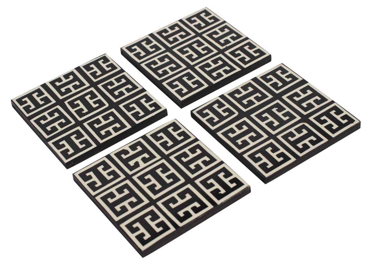Buy in Bulk Wholesale Beverage Coasters Set of 4 - Square with Abstract Monochrome Geometric Vector Motif Pattern - Resin & MDF - Black & White - Bar/Dining Accessories