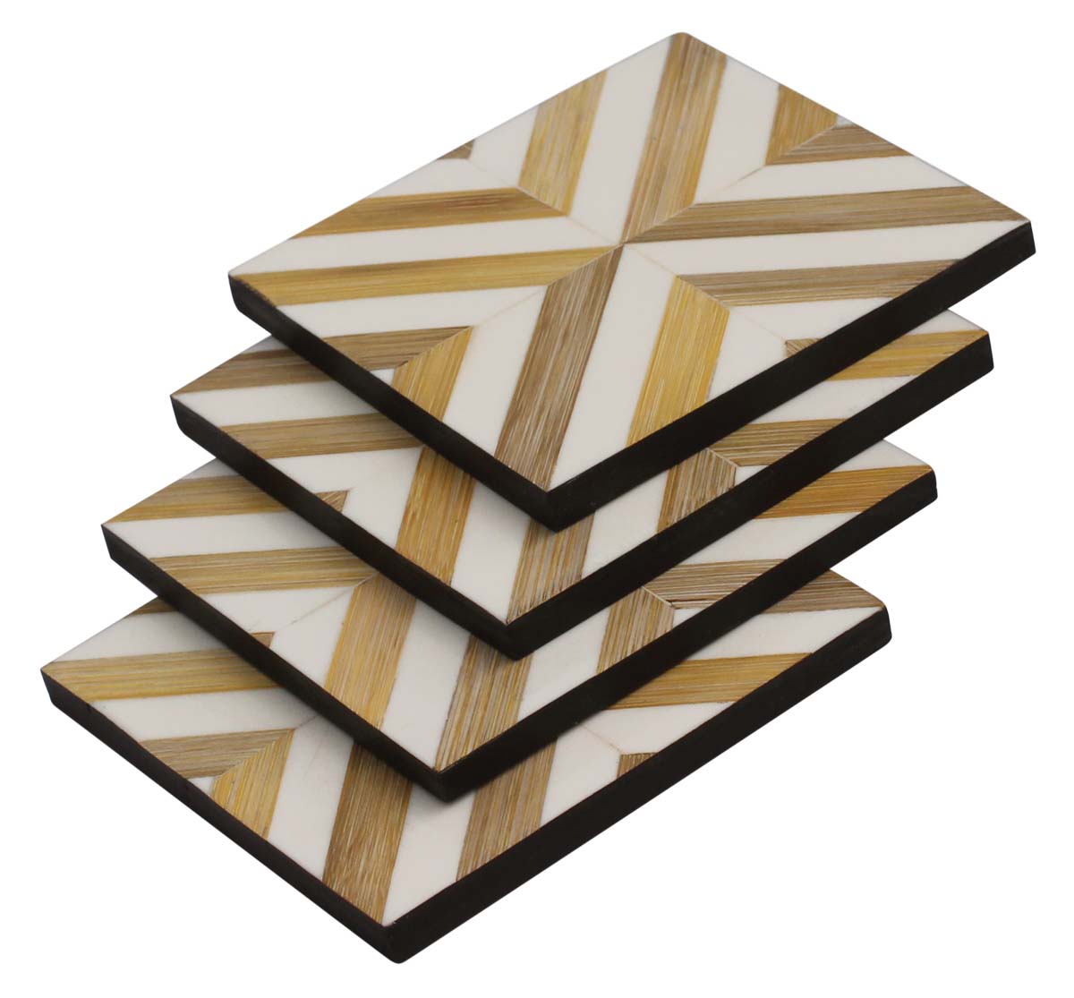 Buy in Bulk Wholesale - Set of 4 Square Beverage Drink Table Coasters - Bamboo Straw Resin & MDF - Natural Brown White & Black - Bar/Dining Accessories