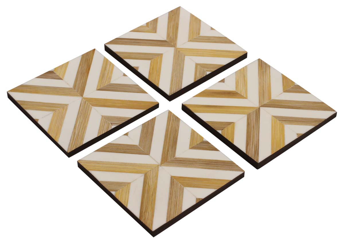 Buy in Bulk Wholesale - Set of 4 Square Beverage Drink Table Coasters - Bamboo Straw Resin & MDF - Natural Brown White & Black - Bar/Dining Accessories