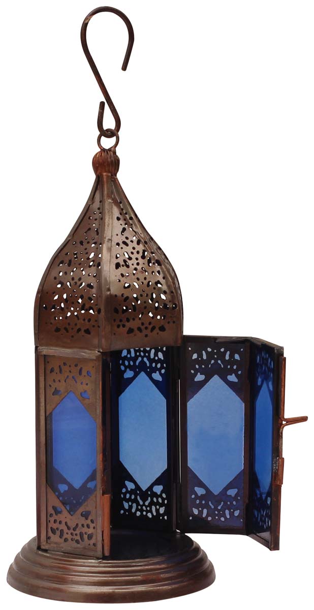 Moroccan Lantern / Tea-Light Candle Holder in Blue – Handmade in Metal & Glass - Buy in Bulk Wholesale