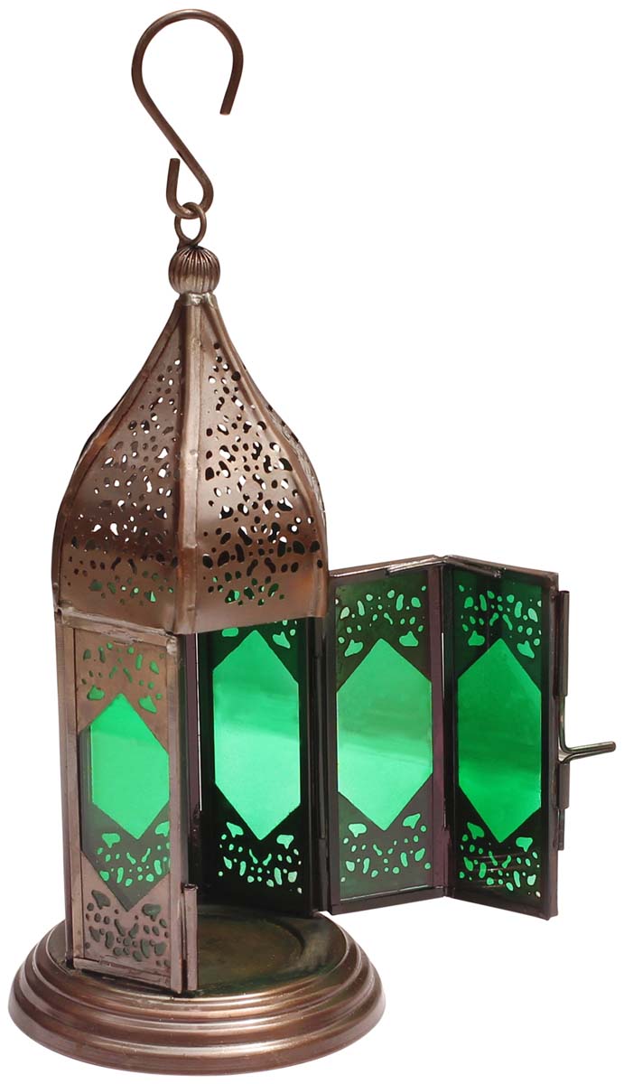 Moroccan Lantern / Tea-Light Candle Holder in Green – Handmade in Metal & Glass - Buy in Bulk Wholesale