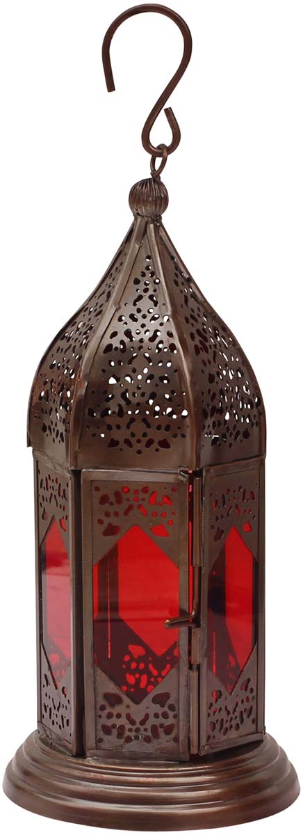 Moroccan Lantern / Tea-Light Candle Holder in Red – Handmade in Metal & Glass - Buy in Bulk Wholesale