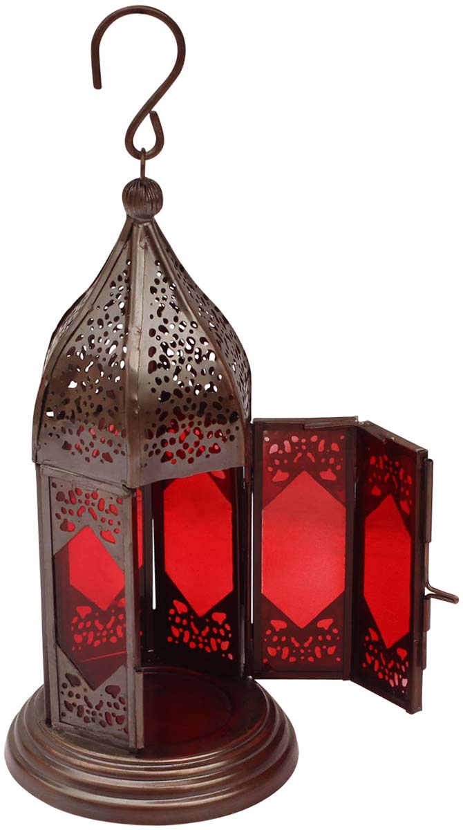 Moroccan Lantern / Tea-Light Candle Holder in Red – Handmade in Metal & Glass - Buy in Bulk Wholesale