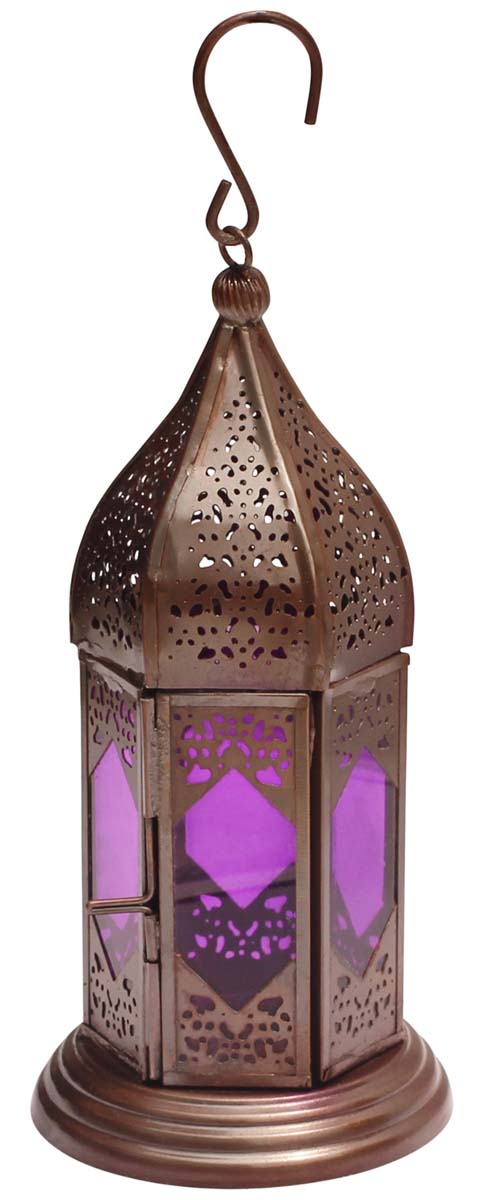 Moroccan Lantern / Tea-Light Candle Holder in Purple – Handmade in Metal & Glass - Buy in Bulk Wholesale
