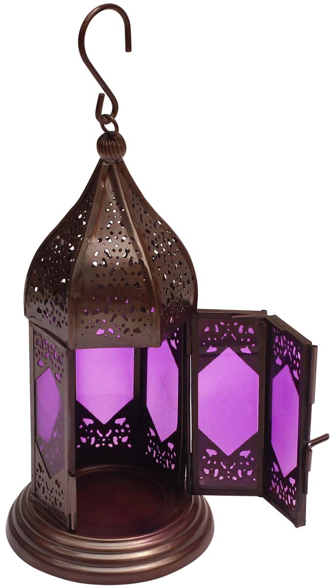 Moroccan Lantern / Tea-Light Candle Holder in Purple – Handmade in Metal & Glass - Buy in Bulk Wholesale