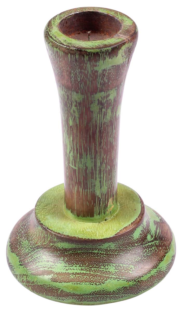 Buy in Bulk Wholesale – 5.5 Inch Brown & Green Pillar Candle Holder/Stand Handmade in Wood with Distressed Finish - Table Centerpiece Decor