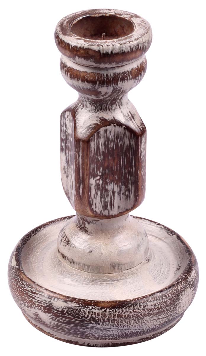 Buy in Bulk Wholesale 6.5 Inch Handmade Pillar Candle Holder in Wood-White Distressed Finish-Table-Top Accessories-Home Decor