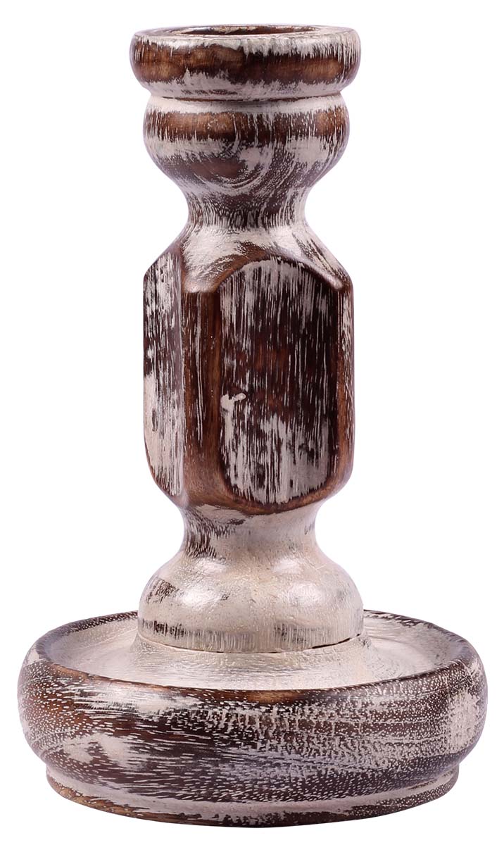 Buy in Bulk Wholesale 6.5 Inch Handmade Pillar Candle Holder in Wood-White Distressed Finish-Table-Top Accessories-Home Decor