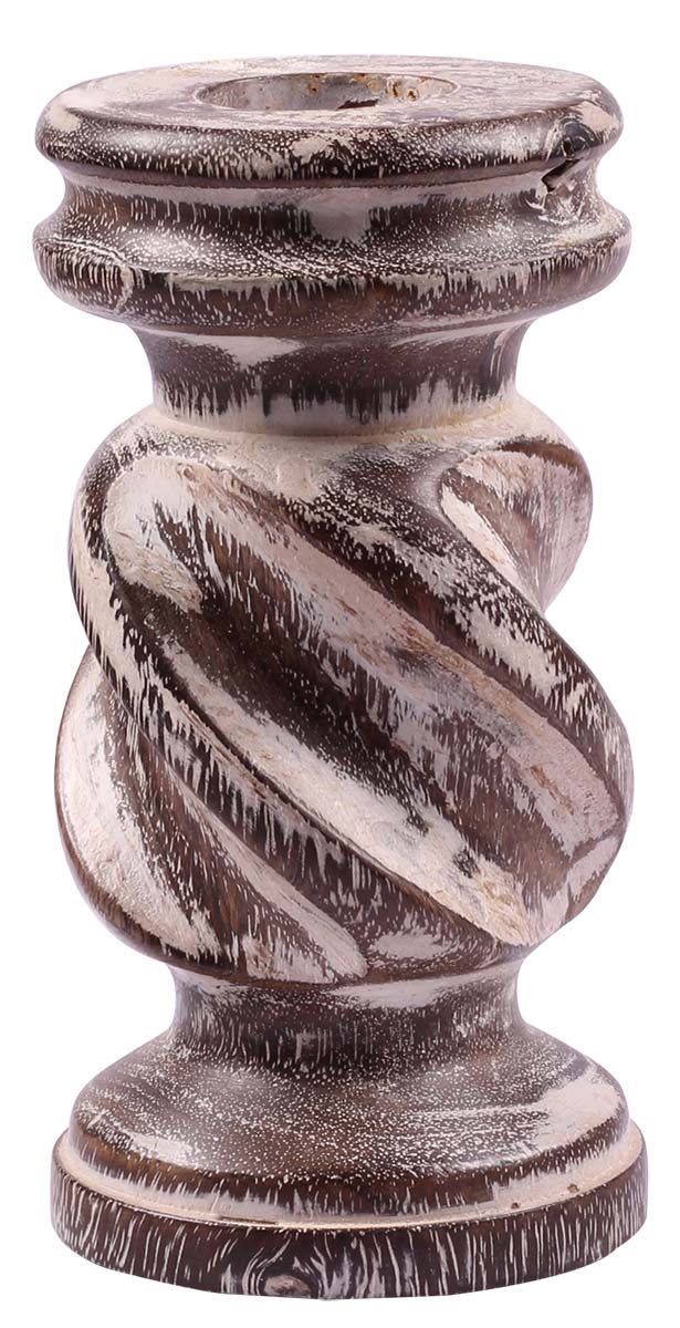 5.5" Handmade Pillar Candle Holder in Wood - White Distressed Finish - Unique Candle Stands / Table-Top Accessories - Buy in Bulk Wholesale