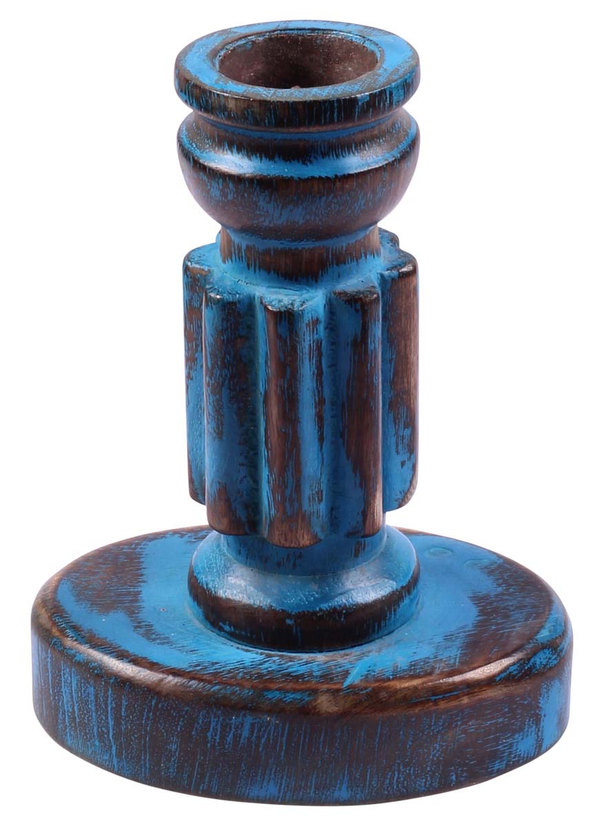 Buy in Bulk Wholesale 6 Inch Handmade Pillar Candle Holder in Wood-Blue Distressed Finish-Unique Candle Stands/Table-Top Accessories