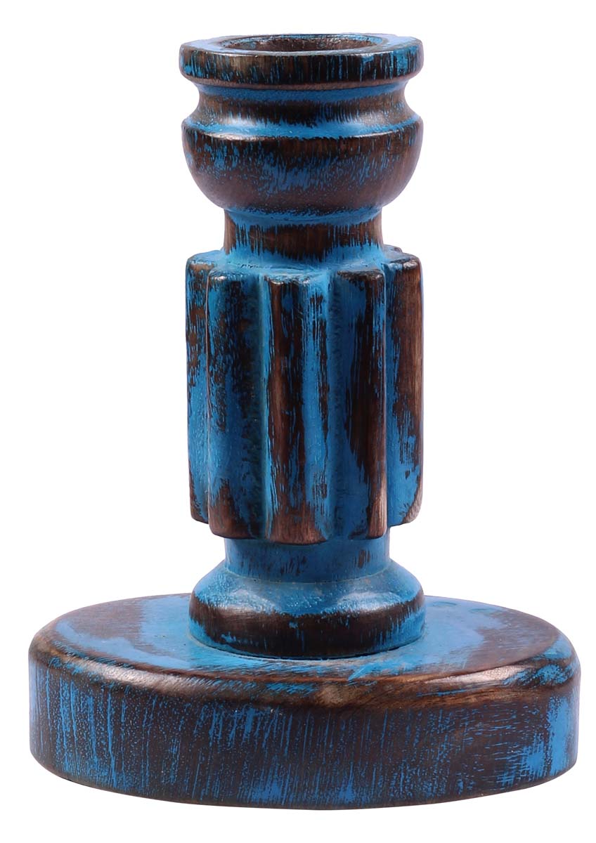 Buy in Bulk Wholesale 6 Inch Handmade Pillar Candle Holder in Wood-Blue Distressed Finish-Unique Candle Stands/Table-Top Accessories