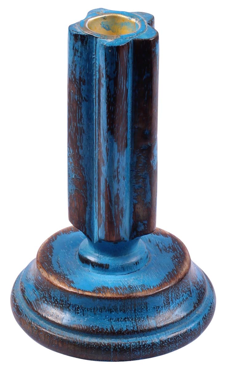 Bulk Buy 5.5 Inch Blue Pillar Candle Holder/Stand Handmade in Wood with Distressed Finish – Wholesale Table Centerpiece Decor
