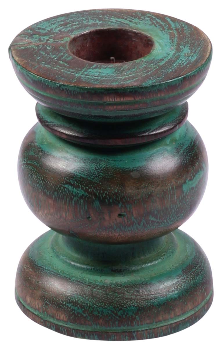 Wholesale Wooden Pillar Candle Holder – 4" Handmade Green Distressed Finish – Shabby Chic Candle Stands – Table-Top Accessories - Buy in Bulk 