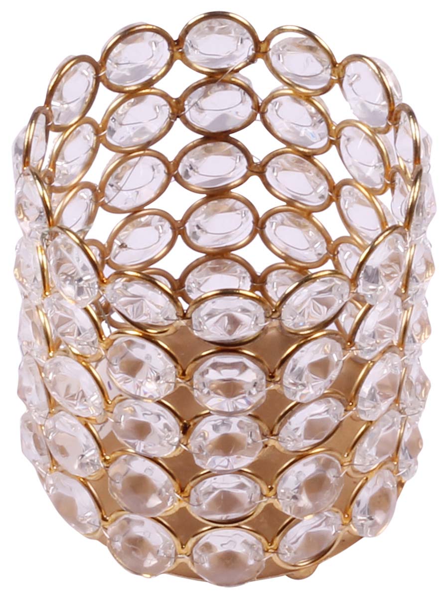 Cylindrical Shaped Tea-Light Candle Holder - Golden Metal Frame - Faux Gemstones - Unique Candle Stands - Gifts from India - Buy in Bulk Wholesale