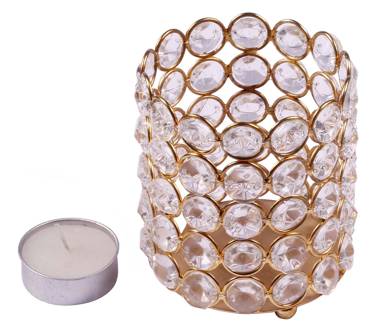 Cylindrical Shaped Tea-Light Candle Holder - Golden Metal Frame - Faux Gemstones - Unique Candle Stands - Gifts from India - Buy in Bulk Wholesale