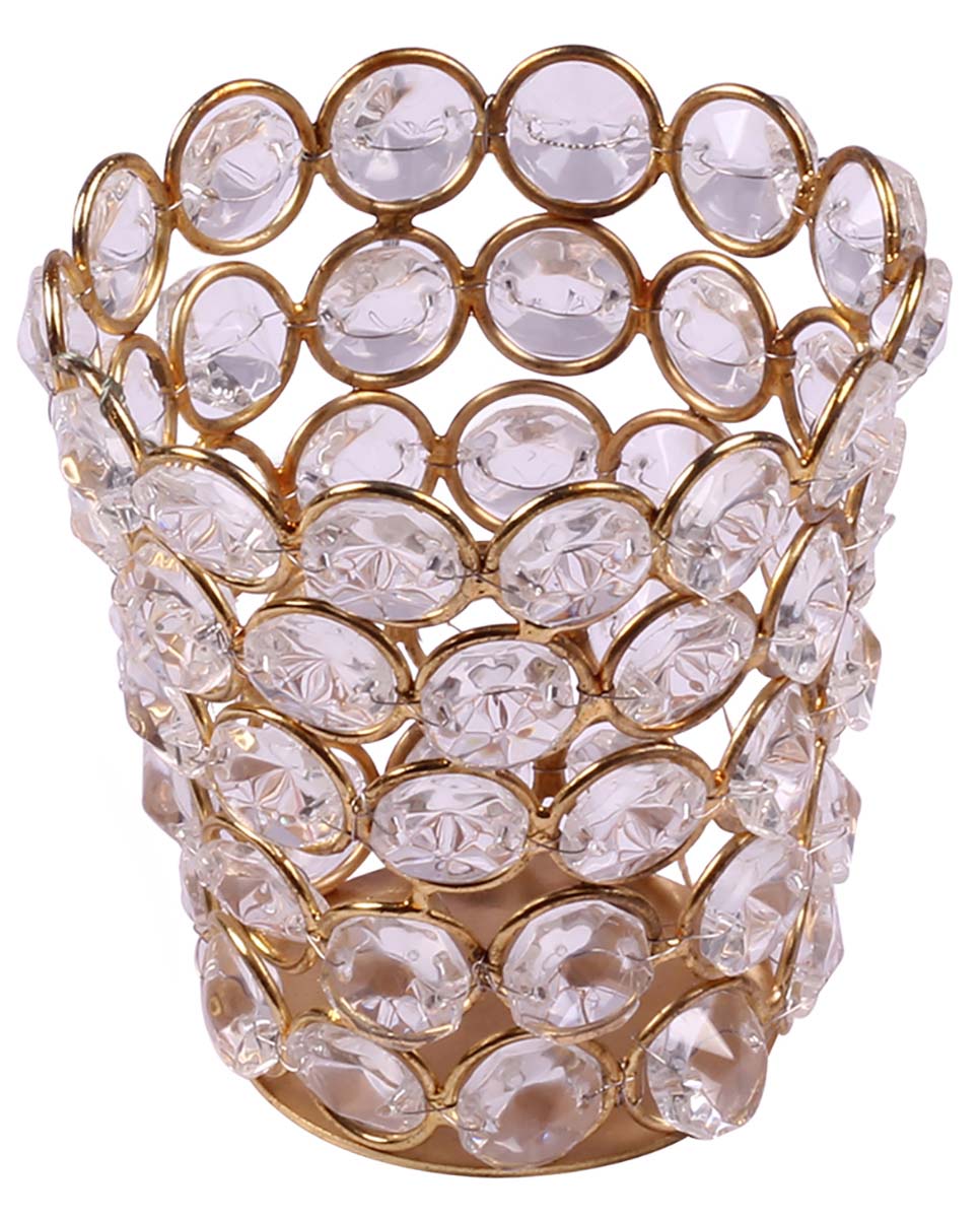 Conical Shaped Tea-Light Candle Holder - Golden Metal Frame - Faux Gemstones - Unique Candle Stands - Gifts from India - Buy in Bulk Wholesale
