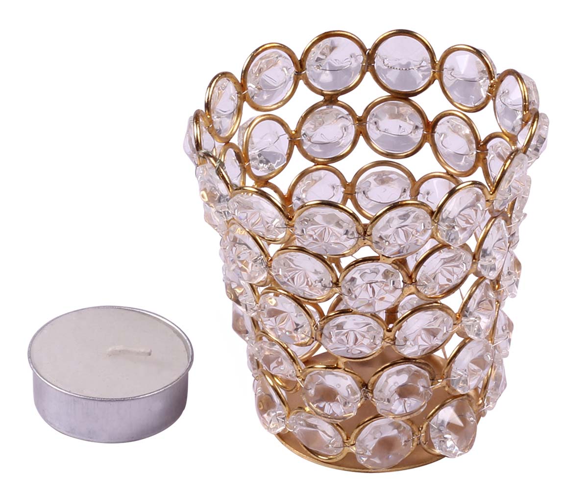 Conical Shaped Tea-Light Candle Holder - Golden Metal Frame - Faux Gemstones - Unique Candle Stands - Gifts from India - Buy in Bulk Wholesale