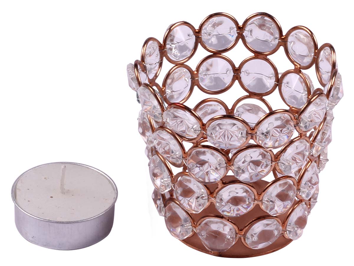 Conical Shaped Tea-Light Candle Holder / Stand - Metal Frame in Copper Finish - Faux Gemstones - Candle Decor - Buy in Bulk Wholesale