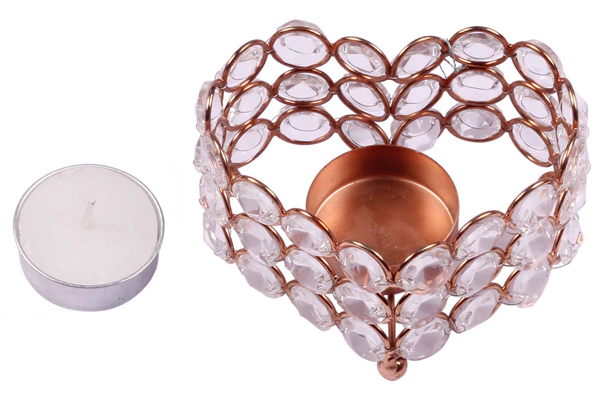 Buy in Bulk Wholesale Heart Shaped Tea-Light Candle Holder/Stand - Metal Frame in Copper Finish - Faux Gemstones - Candle Decor