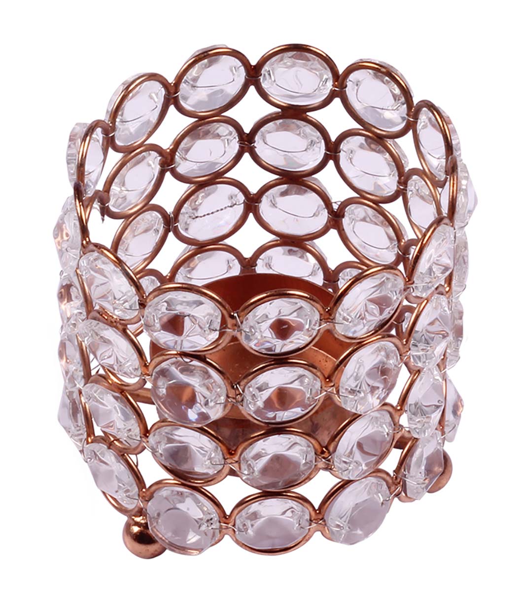 Cylindrical Shaped Tea-Light Candle Holder / Stand - Metal Frame in Copper Finish - Faux Gemstones - Candle Decor - Buy in Bulk Wholesale