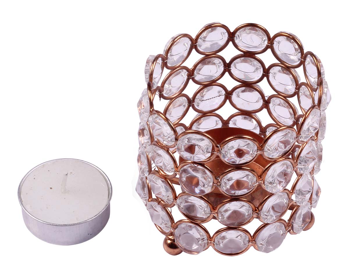 Cylindrical Shaped Tea-Light Candle Holder / Stand - Metal Frame in Copper Finish - Faux Gemstones - Candle Decor - Buy in Bulk Wholesale