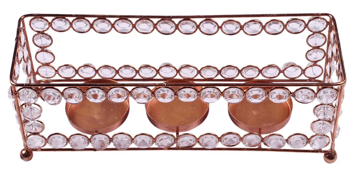 Multiple Tea-Light Candle Holder / Stand - Metal Frame in Copper Finish - Faux Gemstones - Candle Decor - Buy in Bulk Wholesale