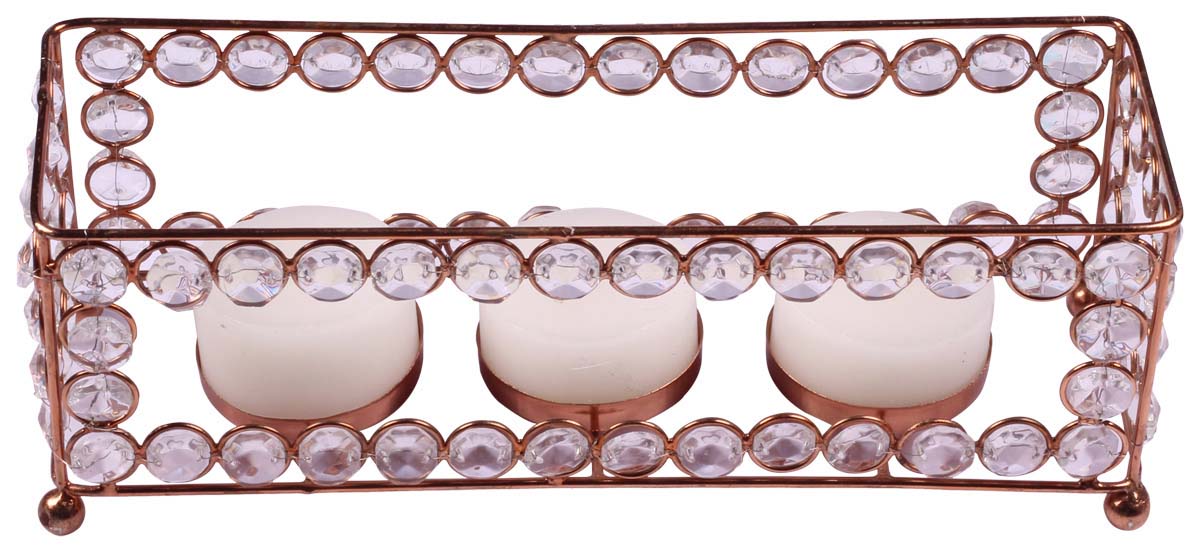 Multiple Tea-Light Candle Holder / Stand - Metal Frame in Copper Finish - Faux Gemstones - Candle Decor - Buy in Bulk Wholesale