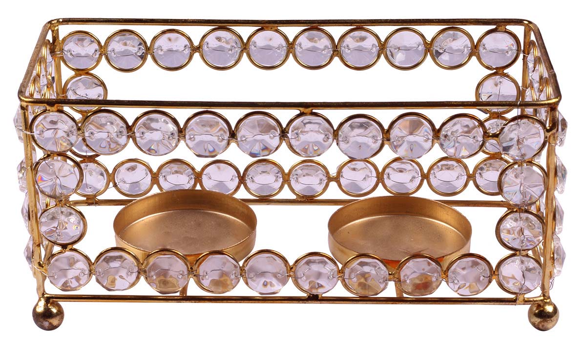 Multiple Tea-Light Candle Holder / Stand - Metal Frame in Golden Color Finish - Faux Gemstones - Candle Decor - Buy in Bulk Wholesale